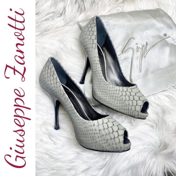 GIUSEPPE ZANOTTI Sloane Snake Print Peep Toe Stiletto Platform Heels Gray, 36 - Picture 1 of 10